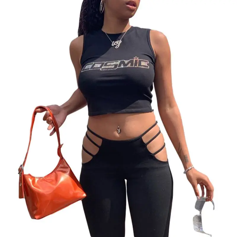 Женский укороченный топ без рукавов летний облегающий со стразами и