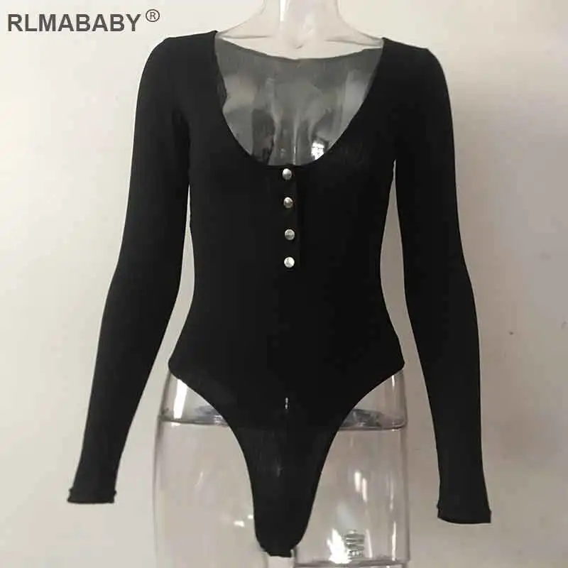Black Rlmaaby сексуальный трикотажный комбинезон с глубоким v-образным вырезом и пуговицами, Облегающий комбинезон с длинным рукавом, женский комбинезон, Осенний базовый топ-боди - Цвет: Black