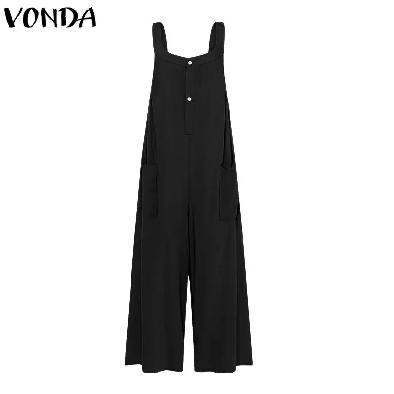 VONDA, комбинезоны размера плюс,, летние комбинезоны, женские комбинезоны, широкие штаны, повседневные, свободные, сексуальные, на бретелях, без рукавов, Комбинезоны - Цвет: Black