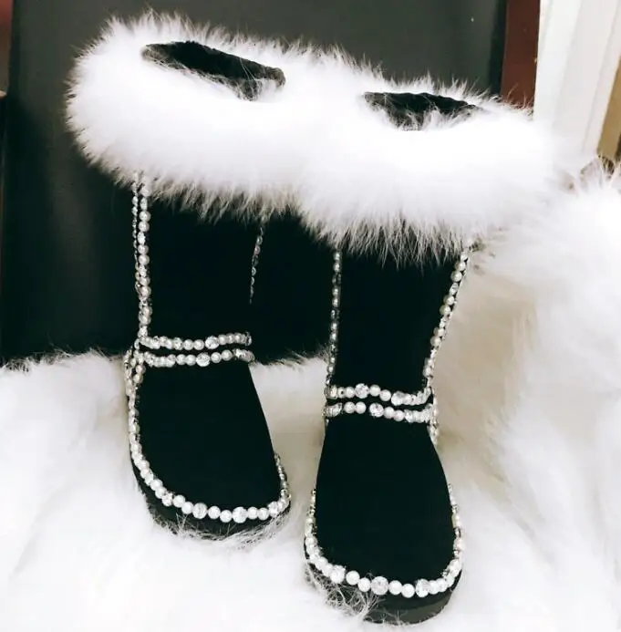 Зимняя Теплая обувь с лисьим мехом высоким голенищем из кожи женские Стразы