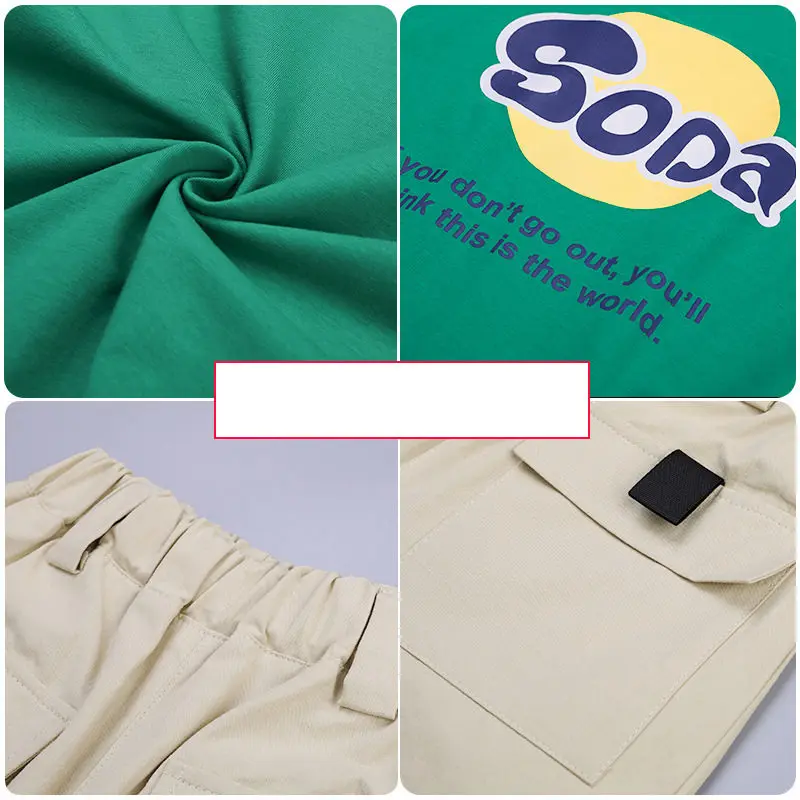 

Summer Kids Girls Clothing Set Green Short Sleeve T-shirts and Khaki Cargo Shorts Fashion Two Piece Outfits for Teenage 8 12 Yrs