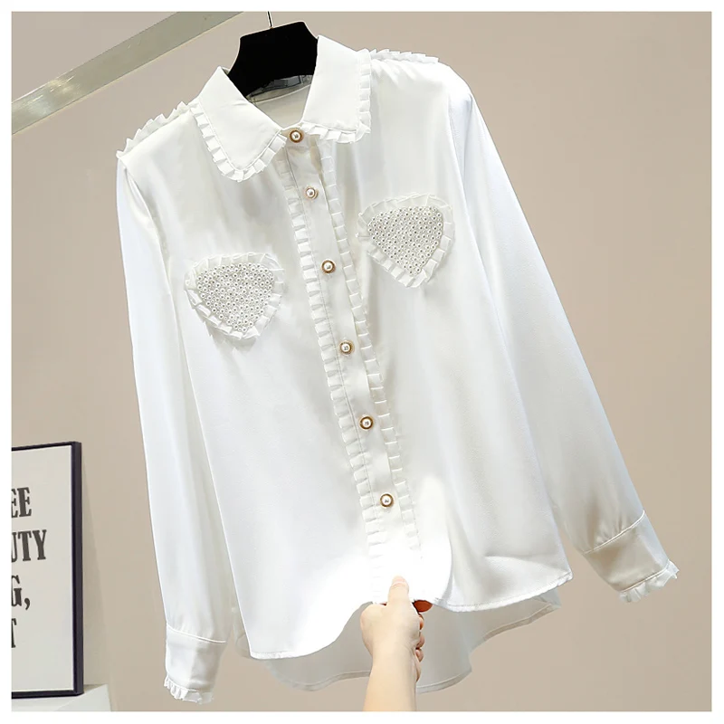 

Women Long Sleeve Blouse 2020 Autumn Studded Lovely Beaded Pleated Lace Patch Doll Collar Irregular Single-Breasted Lady Shirt