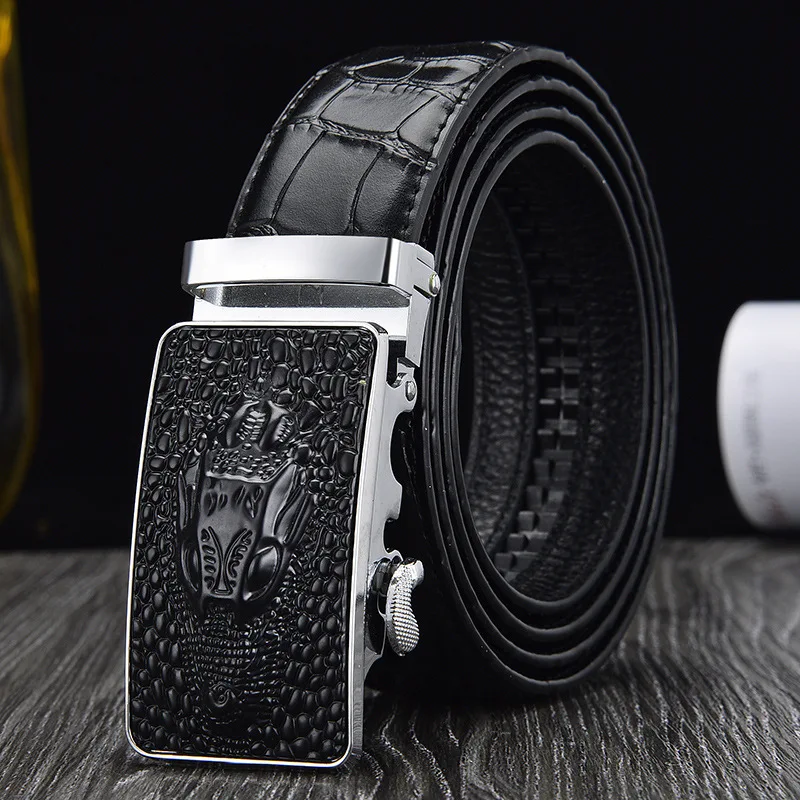 

High Quality Men's Crocodile Pattern Leather Belt with Automatic Buckle Top Layer Pure Cowhide Belt Business Casual Pants Belt