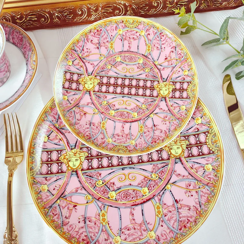 

Набор модной посуды в американском стиле, тарелки, кофейные чашки и блюдца, керамический розовый столовый набор для дома и ресторана, 1 компл...