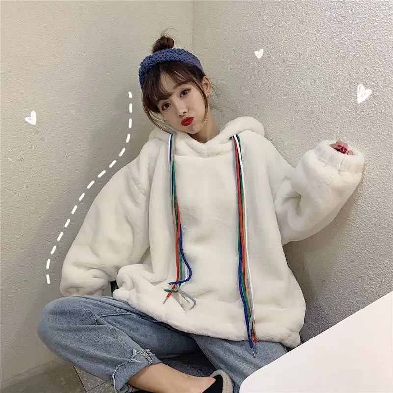 

Winter Korean Fashion Solid Hoodie Women loose velvet Hip Hop Harajuku hood Sweatshirt Casual White Oversized Hoodies Female