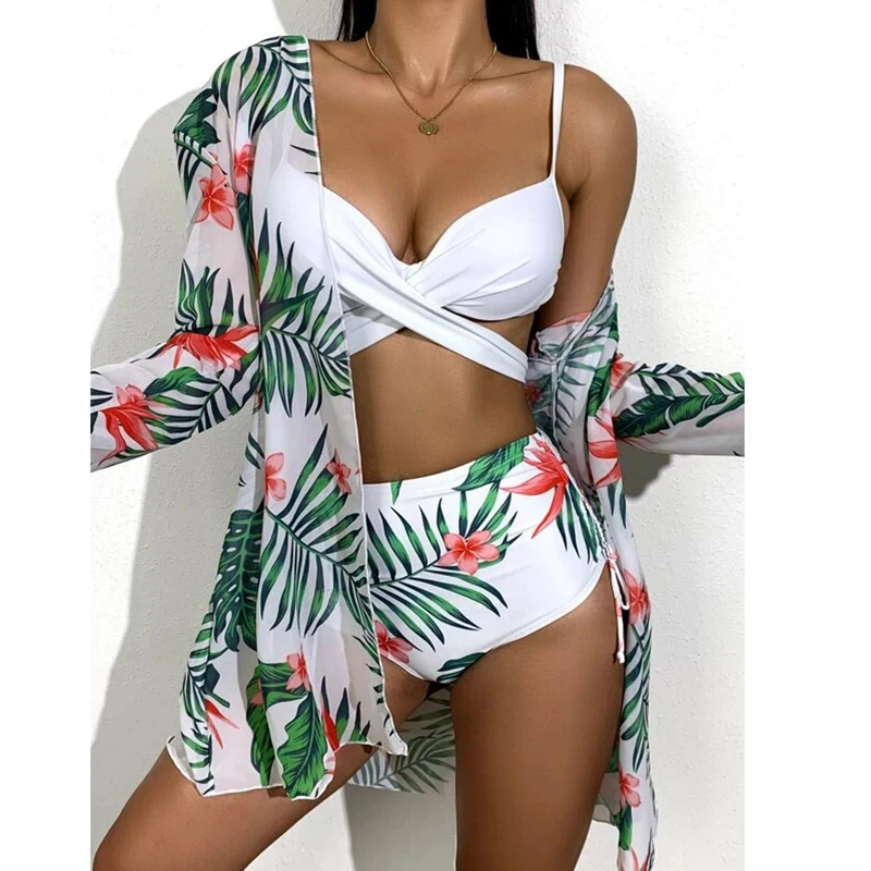 

3 Pcs High-Waist Bohemia Swimwear Set Summer Floral Print Bikini Swimsuit Beachwear Women Brazilian Push-Up Bathing Suit Biquini