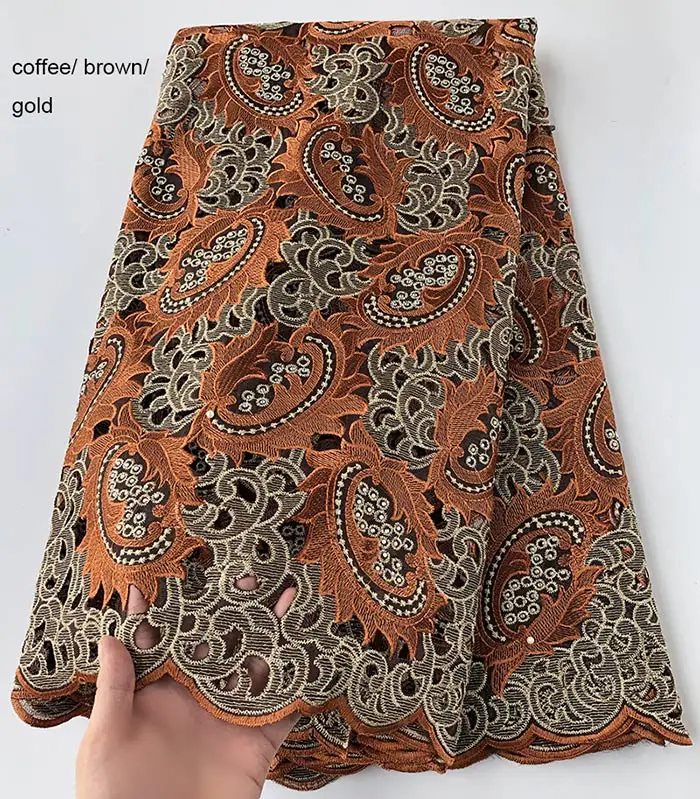Coffee Gold 5 ярдов Белое золото Handcut африканская Кружевная Ткань красивая нигерийская одежда кружевная ткань для шитья с большим количеством камней - Цвет: Coffee Gold