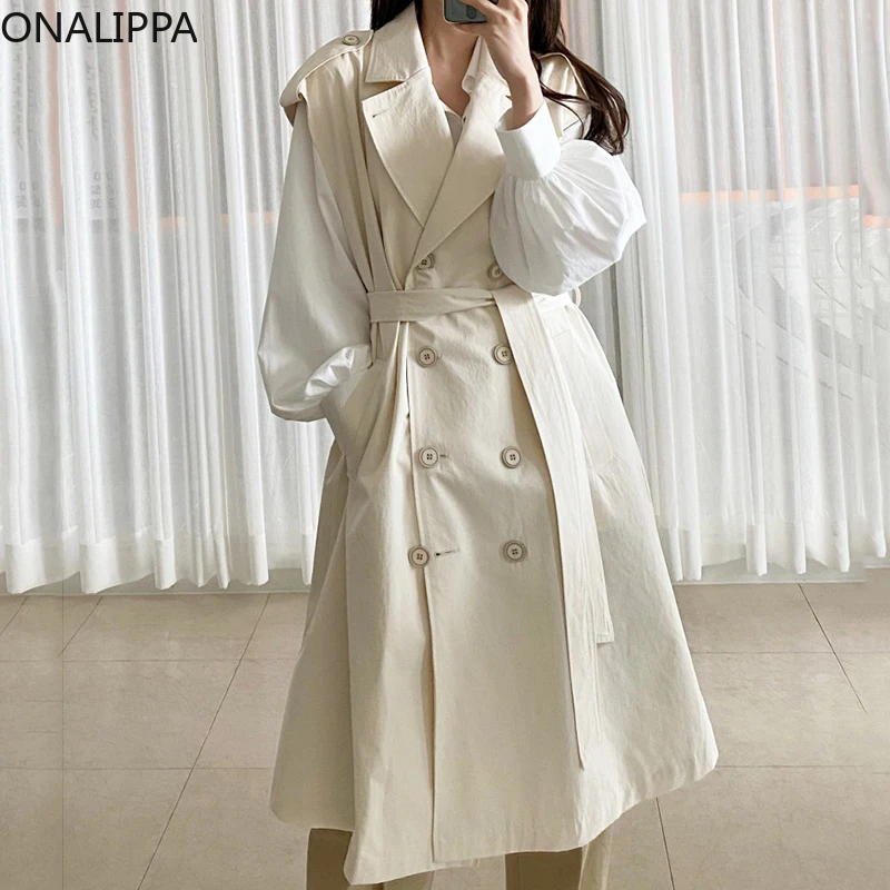 

Женская элегантная двубортная куртка средней длины ONALIPPA без рукавов с лацканами и завязкой на талии во французском стиле