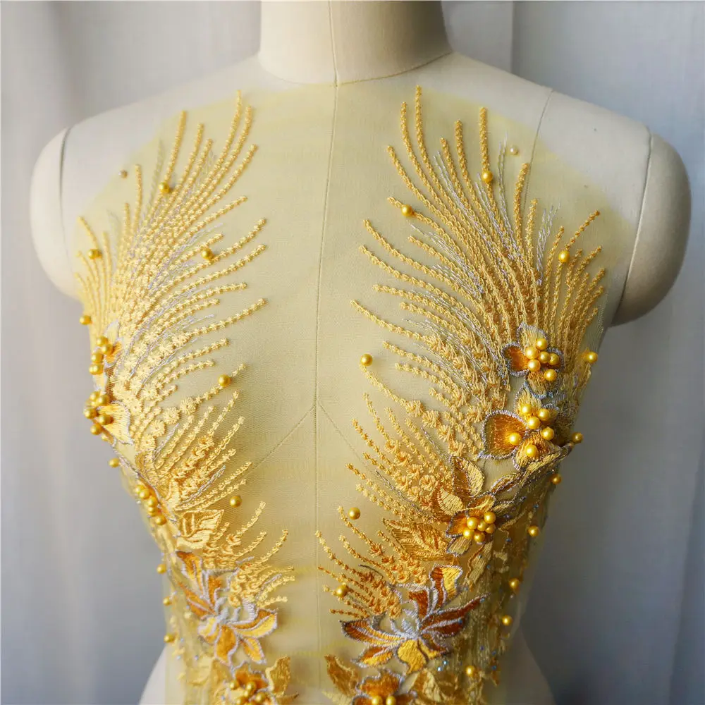 Желтая кружевная ткань цветок кисточки бусины стразы вышитые платья Аппликации