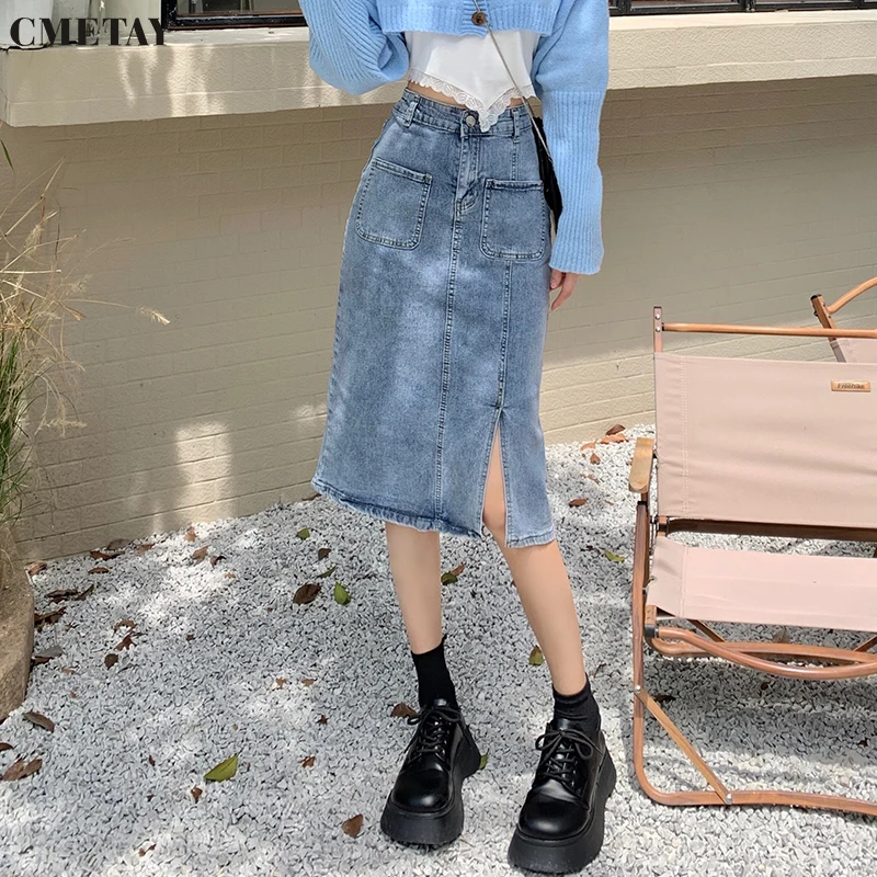 

CMETAY Mid Length Stretch Split Denim Skirt Women High Waist Vintage Streetwear Sexy Retro Skirt Female 2022 New Spring Clothing