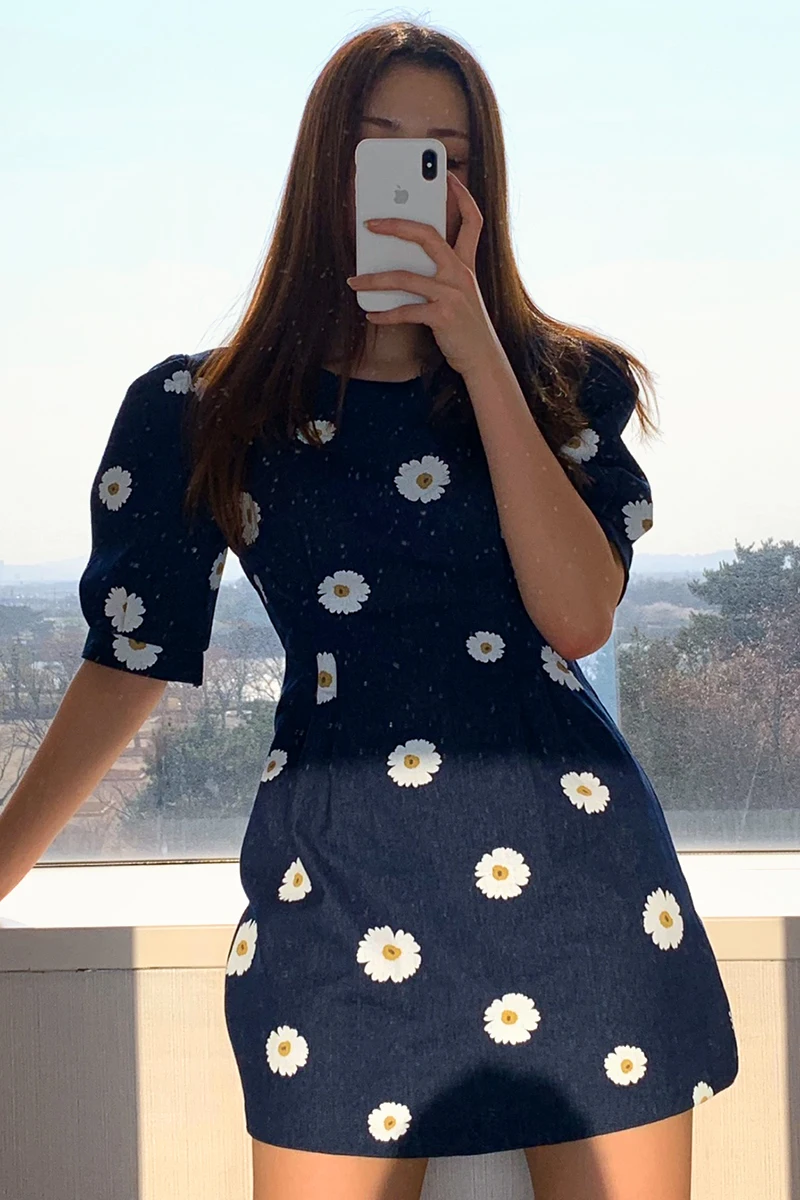 

YAMDI vintage elegant a-line korean party summer midi dress women woman 2020 new short puff sleeve dresses print floral vestidos