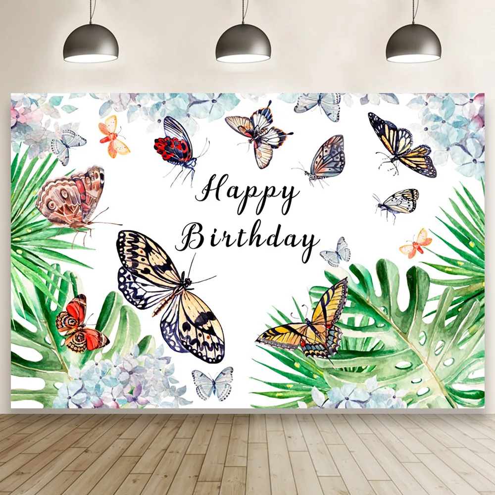 

Watercolor Happy Birthday Butterfly Backdrop Decorations Girl Colorful Baby Shower Background Photo Shoot