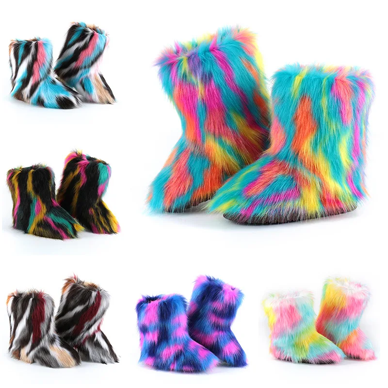 

2021 Winter Outdoor Mixed Color Plush Snow Boots Women Warm Slip On Shoes Ladies Faux Fur Fluffy Ankle Boots Plus Size 37-42
