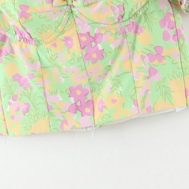 

Flower Print V-neck Blouses Sexy Ruffle Bow Design Crop Tops Backless Back zipper top Women Streetwear