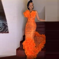 orange aso ebi mermaid prom dresses sheer neck lace appliques black girls party dress handmade flowers african evening gowns
