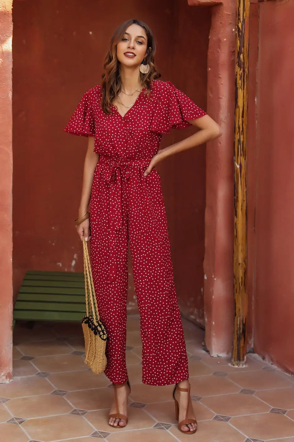 2020 European and American women's summer Jumpsuit short sleeve V-neck wide leg pants Jumpsuit