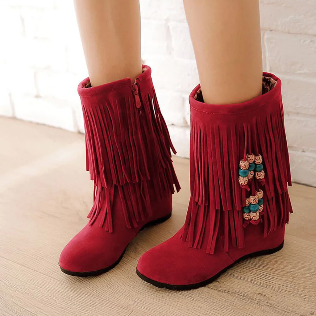 Женские замшевые сапоги с бахромой зимние вышивкой модные женские теплые на