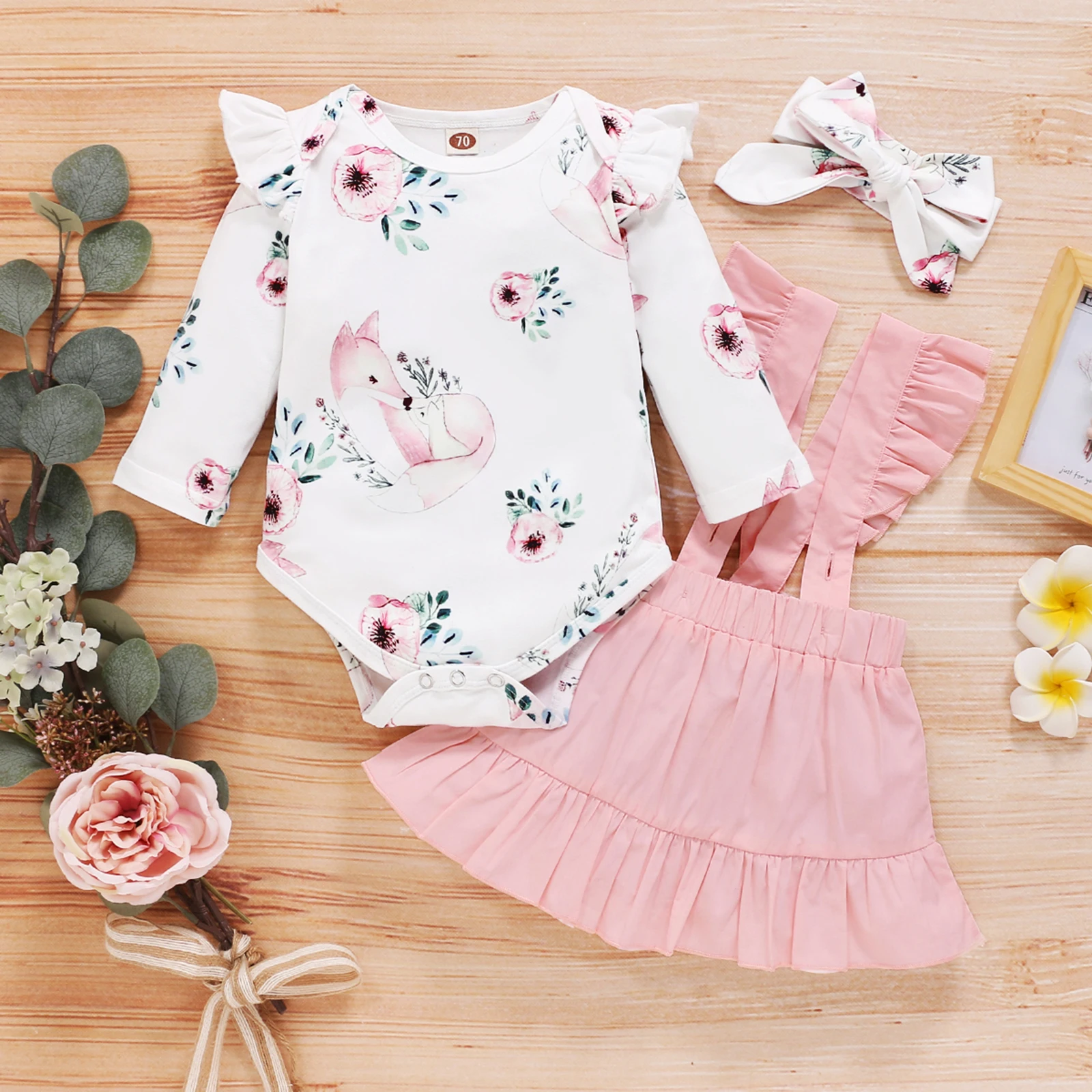 

0-24M Baby Clothes Set 3pcs Newborn Infant Sweet Girl Fox Print Long Sleeve Romper+Solid Color Suspender Skirt+Bowknot Headband