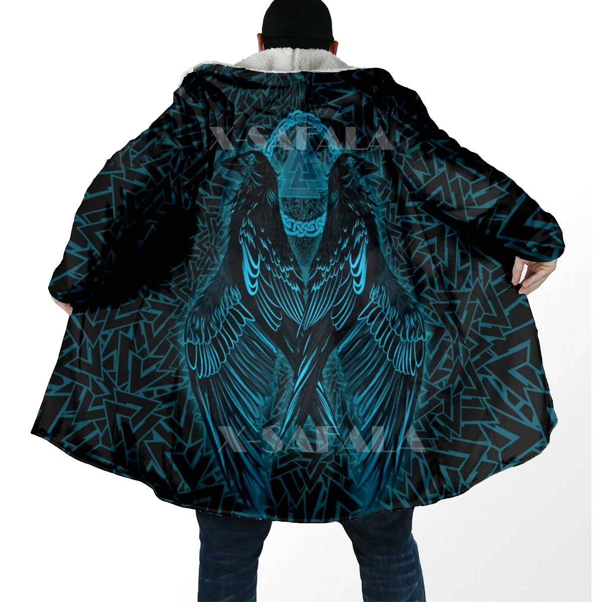 

Viking Raven Valknut Cyan All Over 3D Printed Overcoat Thick Warm Hooded Cloak Coat for Men Windproof Fleece Unisex Casual