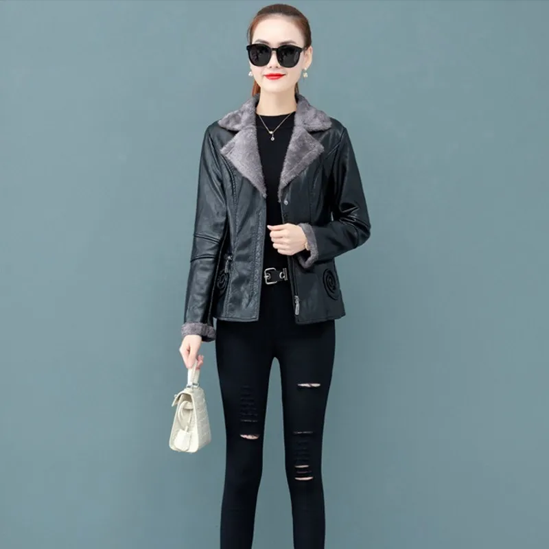 Толстые теплые женские Куртки из искусственной кожи с флисовой подкладкой