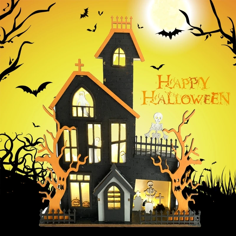 

G2AA Halloween Table Decorations Wooden Haunted House Ghost Sign with LED Light Decor