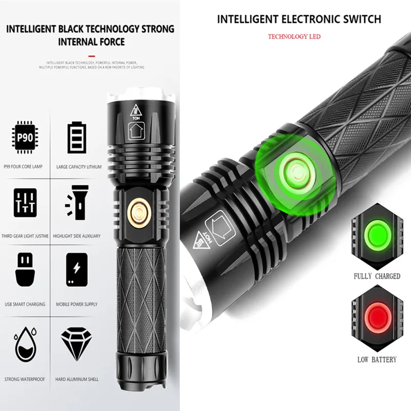 Фонарик светодиодный XHP90.3 водонепроницаемый Ультраяркий с зарядкой по USB | Лампы