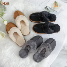 INOE Cow Suede Leather Plush Fur Lined Women Casual Winter Slippers Half Indoor Home Shoes Warm Comfortable House Leisure Flats