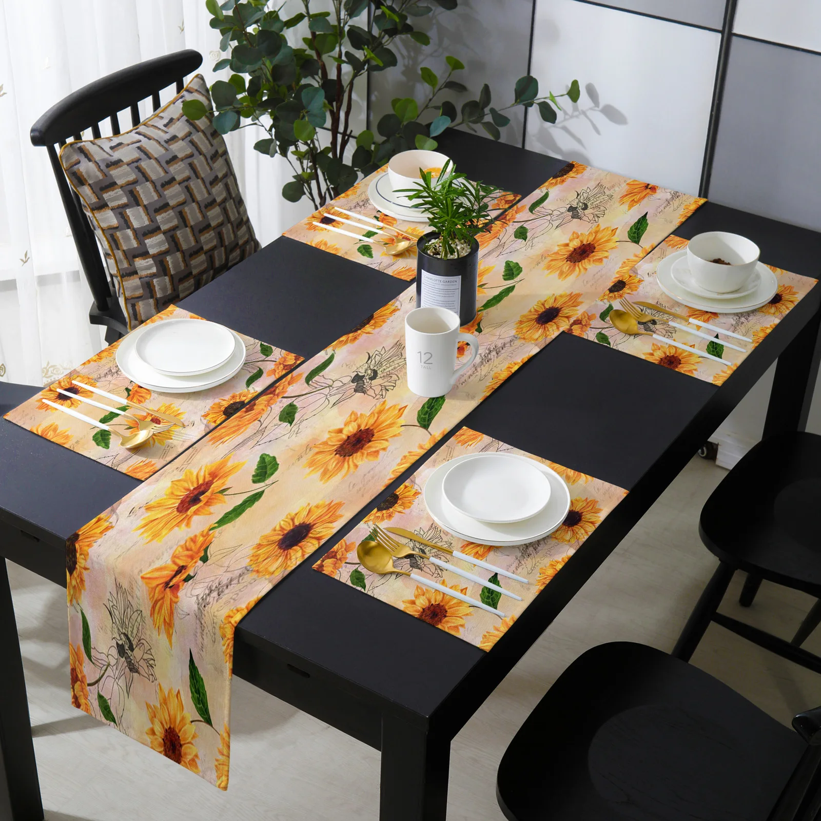 

Sunflower Table Runner Set Wedding Table Decoration Home Kitchen Dining Table Decor Tablecloth