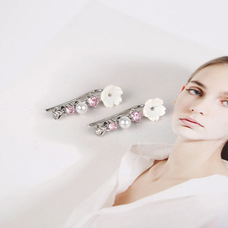 Cute Flower Stud Earrings For Women Crystal Pearl Shell Rose Gold Cuff Trendy Wedding Earring Female Romantic Pierce Ear Jewelry