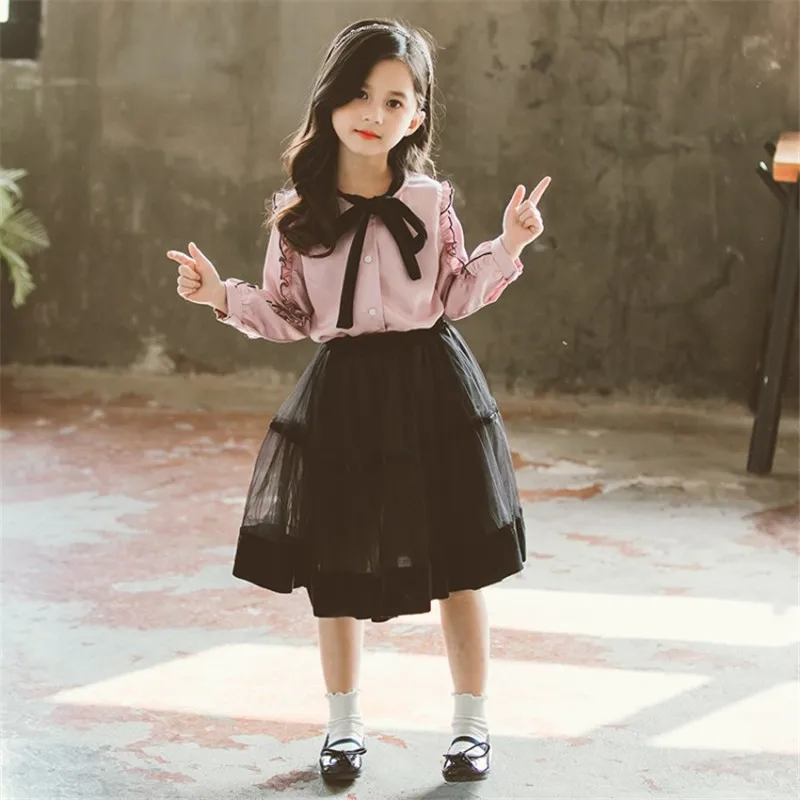 

Girl Sets 2021 Spring And Autumn Children's Clothing Girls Short Skirt Two-Piece Fashion Bow Lace Shirt 4 5 6 78 9 10 11 Years