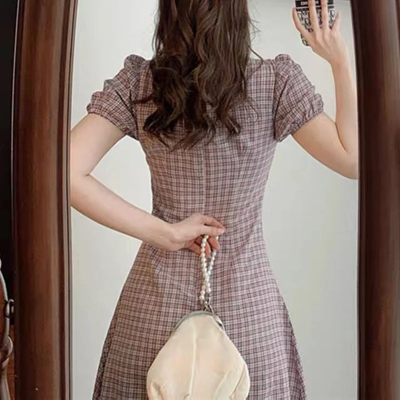 

Puff Sleeve Plaid Long Dress Women Retro V-Neck Waist Dress Woman High Waist Slim Bowknot Dresses Ladies Summer 2021