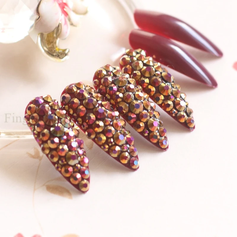 New Extra long pointed oval fake nails slim art salon nail crystal diamond nail Vampire color