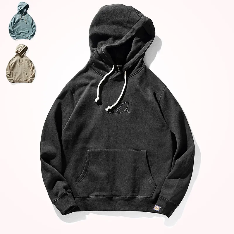

Autumn and Winter New Thick Hooded Embroidery Hoodies with Velvet Men's Fashion Pure Cotton Washed Old Loose Casual Sportswear
