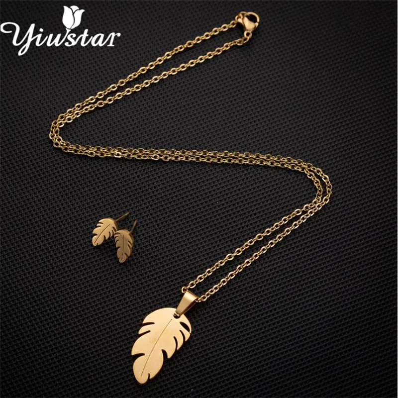 Yiustar Gold Trendy Feather Necklace Leaf Jewelry Sets for Women Stainless Steel Statement Earrings Girls Earing Bijoux | Украшения и