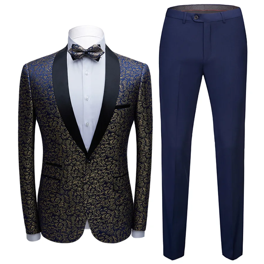 

Shenrun Men Tuxedo Slim Fit Wedding Banquet Business Party Jacquard Suit Stage Costume Nightclub Singer Host 2-Piece Shawl Lapel