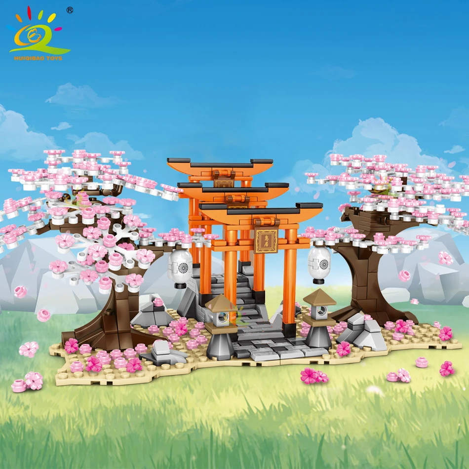HUIQIBAO 647 шт Вишневый цветок фестиваль Shrine Torii улица вид город строительные блоки