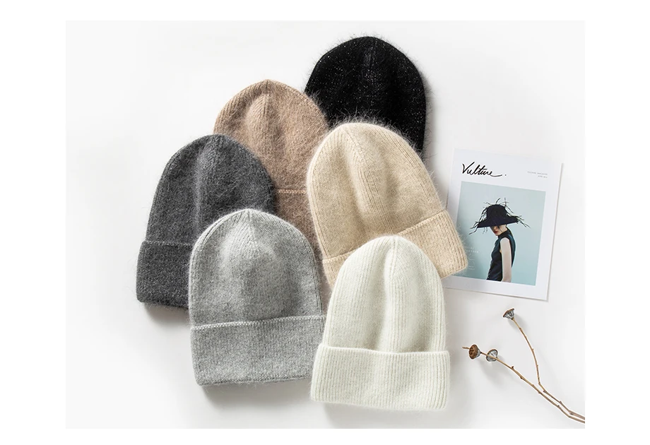 Вязаные шапки, зимние женские шапки, теплые шапки Skullies Beanies, высококачественные женские шапки из кроличьей шерсти, женская шапка
