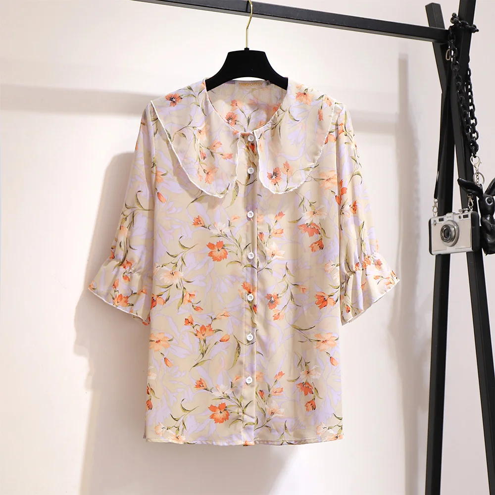 

Women's Clothing Chiffon Blouse Chubby Womens 2019 Summer 3XL4XL5XL6XL Tops Camisa Peter Pan Collar Butterfly Sleeve Femme Shirt