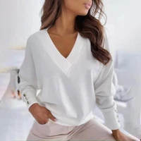 2021 women blouse solid color v neck autumn winter long sleeve knitted sweater buttons casual pullover blouse