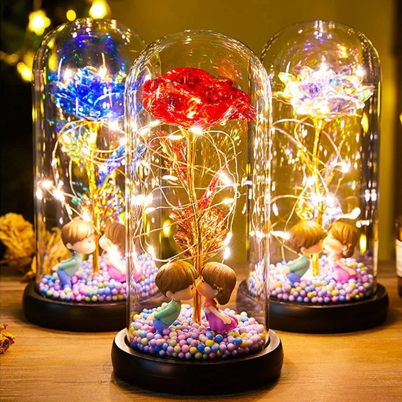 Роза со светодиодной подсветкой Красавица и Чудовище в стеклянном куполе