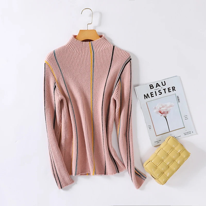 

New Elegant Women fall/winter pullover short striped sweater Slim all-match sweater high neck stretch bottoming shirt top