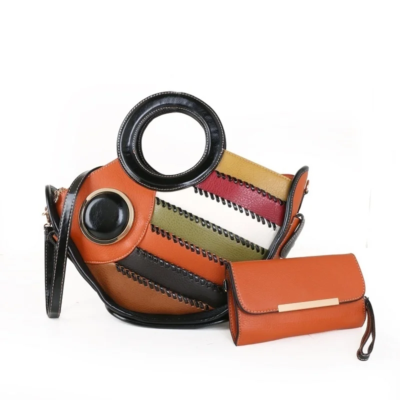 

2021 women's bag color small fish shaped big bag women's single shoulder oblique cross splicing round handle bag