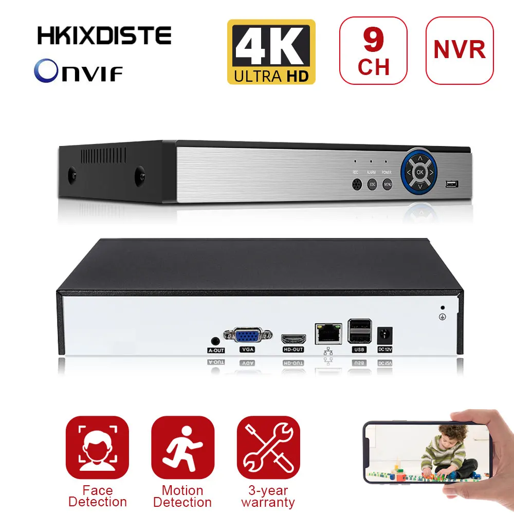 

9CH*4K ONVIF H.265/H.264 Support 1 SATA NVR Network Digital Video Recorder Max 8TB XMEYE CMS with Cable P2P Cloud Mobile