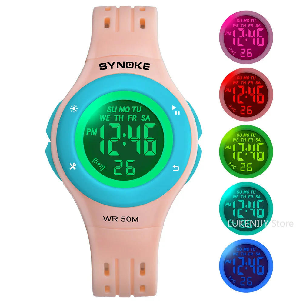 

Лидер продаж, новинка, Детские Серебристые электронные часы Synoke в семи цветах, Водонепроницаемые многофункциональные спортивные часы