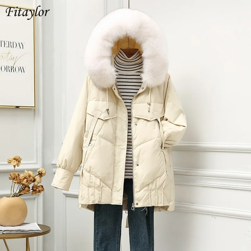 Fitaylor/зимняя куртка средней длины с капюшоном и большим натуральным меховым