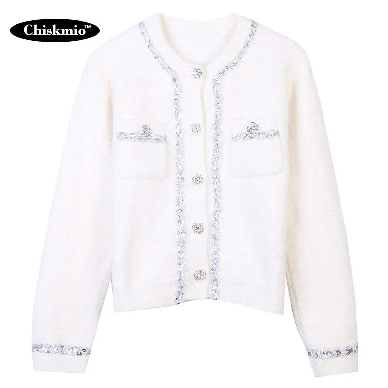 

Женский вязаный кардиган, элегантный однобортный тонкий кардиган белого цвета, расшитый блестками, с карманами, верхняя одежда