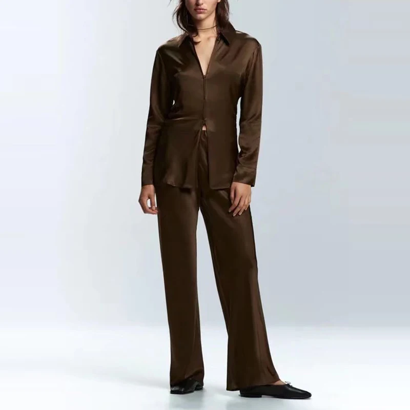 

WXWT Za Women's Set Brown Satin Long Shirts Tops And High Waist Flare Long Pants Autumn Sets For Women BB4319