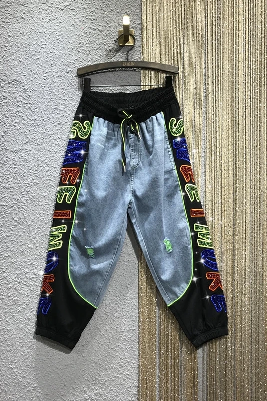 

Women's Colorful Rhinestone Stitching Denim Jeans Summer High Elastic Waist Loose Ankle-Length Harem Pants Streetwear