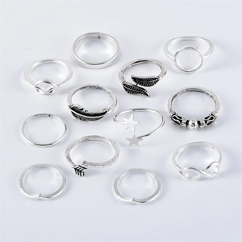 12 шт./компл. Модные кольца с серебряной Цвет лист изображениями перьев и стрел