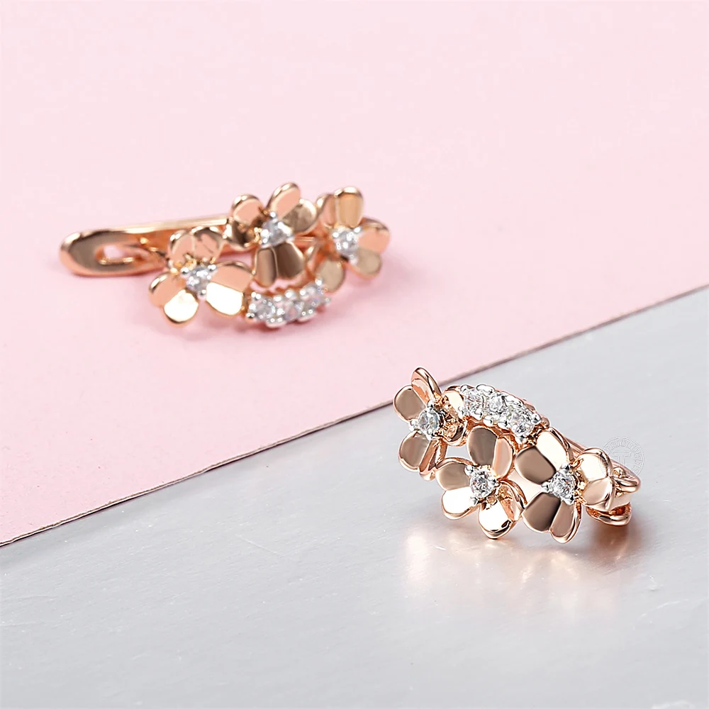 585 Rose Gold Clovers Stud Earrings For Women Girl Cubic Zircon Flower Hanging Dangle Trend Wedding Jewelry Gift GE300 | Украшения и